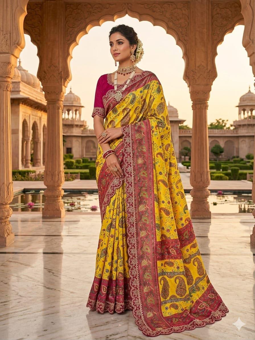 Mustard Yellow and Magenta Dola Banarasi Printed Saree